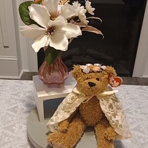 Ty Brown Teddy Bear with Cream Lace Cape and Floral Headband